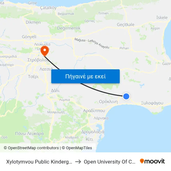 Xylotymvou Public Kindergarden to Open University Of Cyprus map