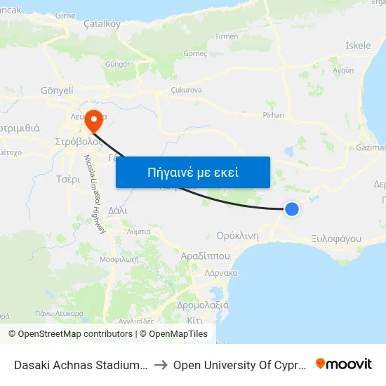 Dasaki Achnas Stadium to Open University Of Cyprus map