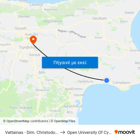 Vattainas - Dim. Christodoulou to Open University Of Cyprus map