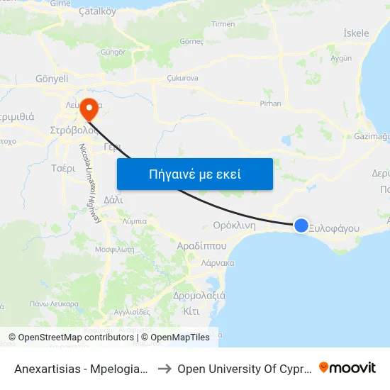 Anexartisias - Mpelogianni to Open University Of Cyprus map