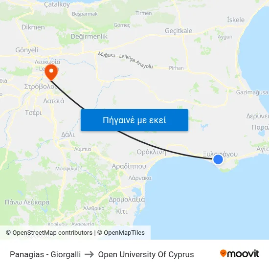 Panagias - Giorgalli to Open University Of Cyprus map