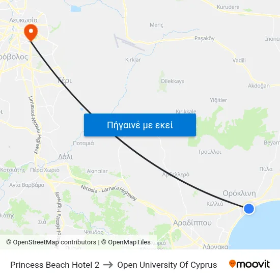 Princess Beach Hotel to Open University Of Cyprus map