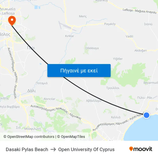 Dasaki Pylas Beach to Open University Of Cyprus map