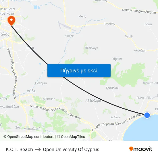 K.O.T. Beach to Open University Of Cyprus map