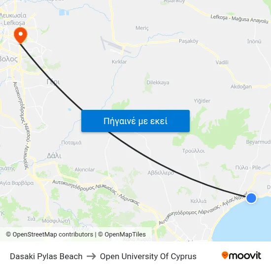 Dasaki Pylas Beach to Open University Of Cyprus map