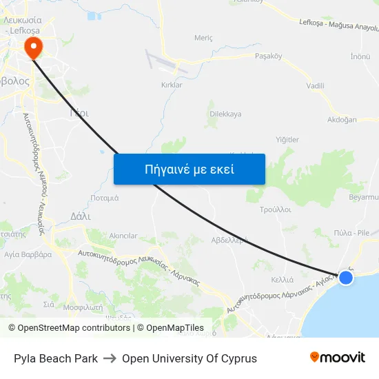 Pyla Beach Park to Open University Of Cyprus map
