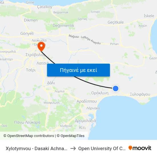 Xylotymvou - Dasaki Achnas Road to Open University Of Cyprus map