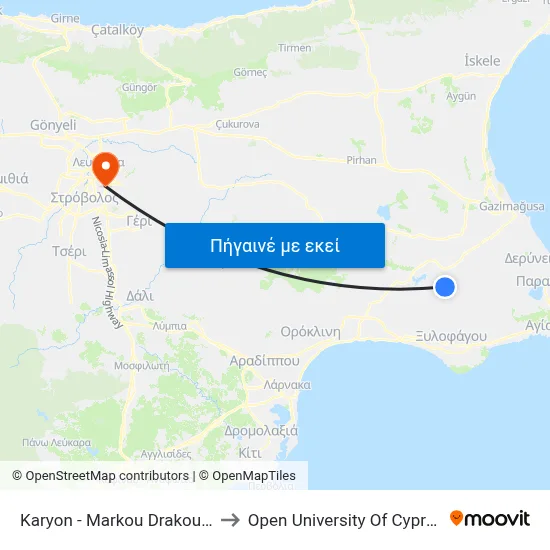 Karyon - Markou Drakou to Open University Of Cyprus map