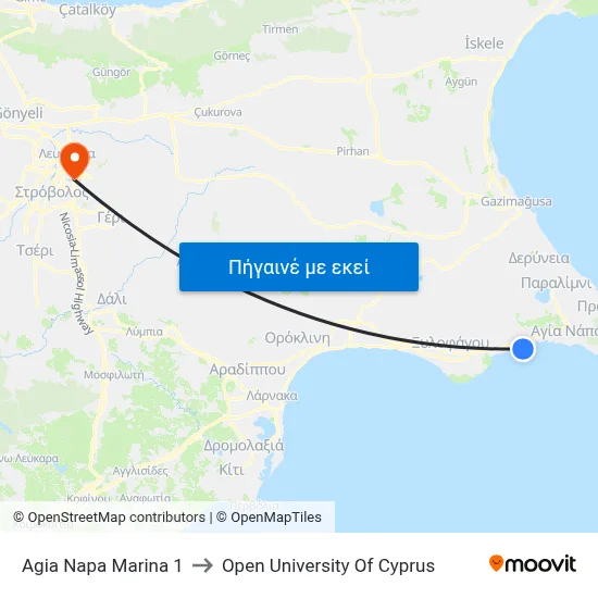 Ag. Napa Marina to Open University Of Cyprus map