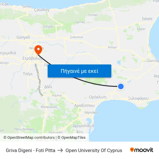 Griva Digeni - Foti Pitta to Open University Of Cyprus map