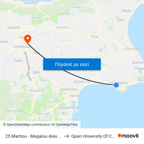 25 Martiou - Megalou Alexandrou to Open University Of Cyprus map
