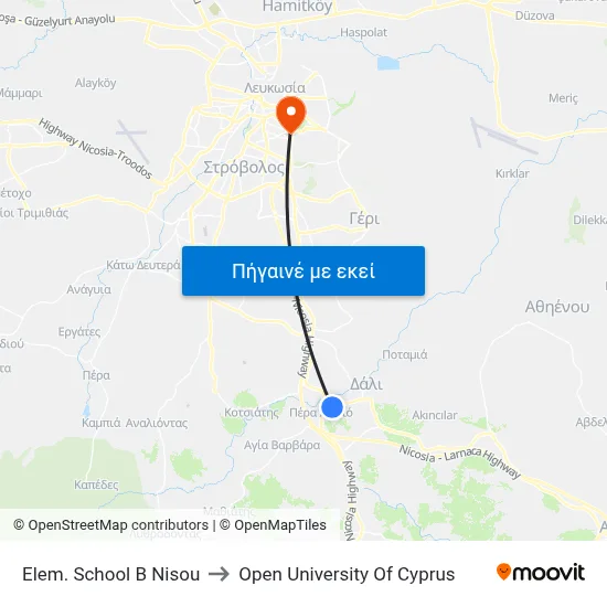 Elem. School B´ Nisou to Open University Of Cyprus map