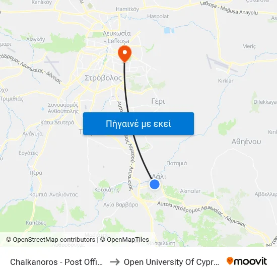 Chalkanoros - Post Office to Open University Of Cyprus map
