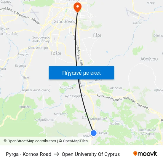 Pyrga - Kornos Road to Open University Of Cyprus map