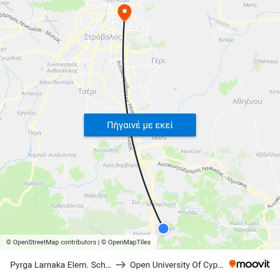 Pyrga Larnaka Elem. School to Open University Of Cyprus map