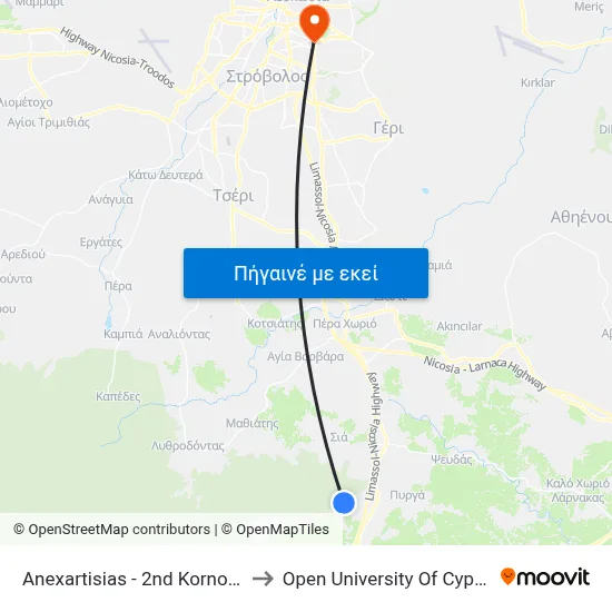 Anexartisias - 2nd Kornos to Open University Of Cyprus map