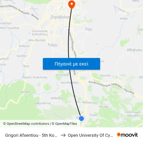 Grigori Afxentiou - 5th Kornos to Open University Of Cyprus map