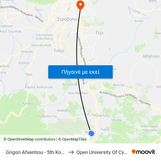 Grigori Afxentiou - 5th Kornos to Open University Of Cyprus map