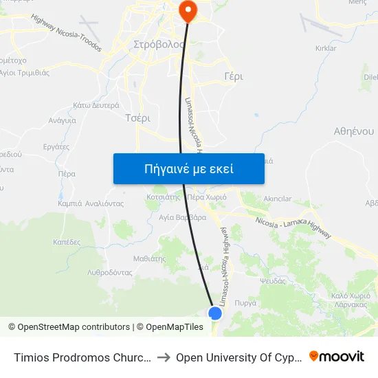 Timios Prodromos Church to Open University Of Cyprus map