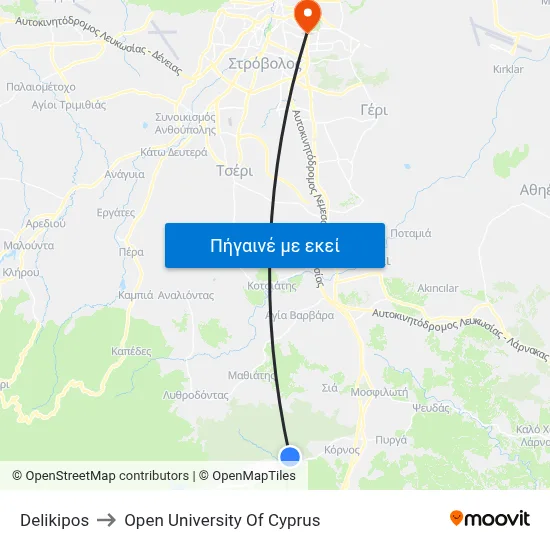Delikipos to Open University Of Cyprus map