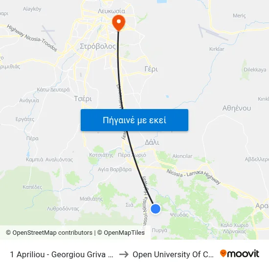 1 Apriliou - Georgiou Griva Digeni to Open University Of Cyprus map