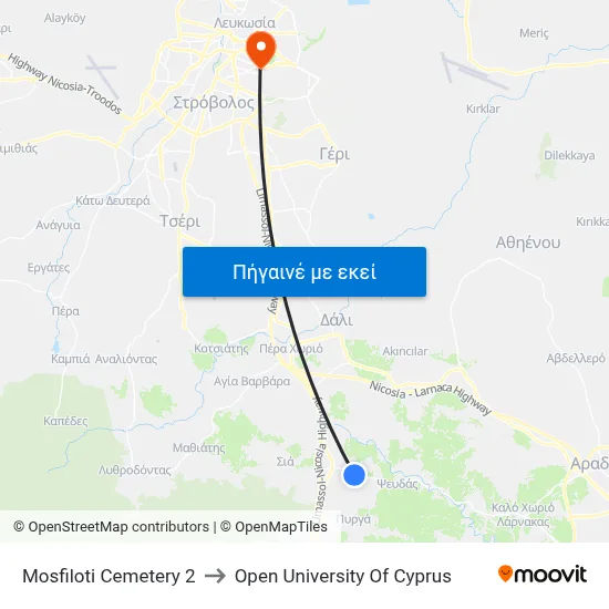 Mosfiloti Cemetery to Open University Of Cyprus map