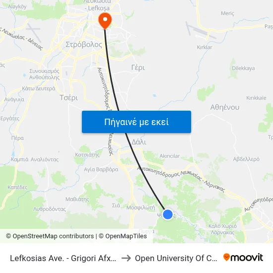 Lefkosias Ave. - Grigori Afxentiou to Open University Of Cyprus map