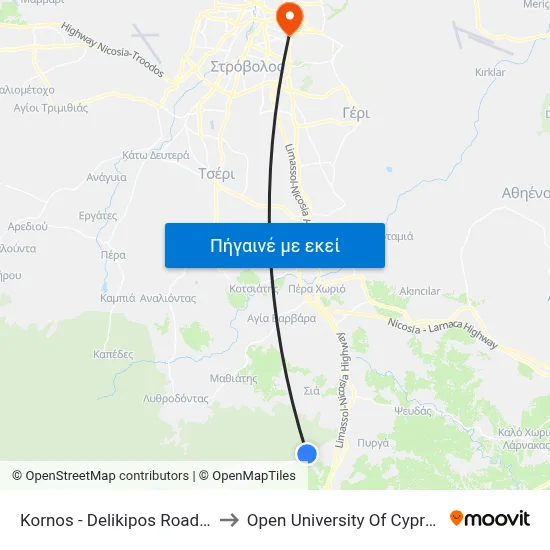 Kornos - Delikipos Road to Open University Of Cyprus map