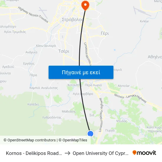 Kornos - Delikipos Road to Open University Of Cyprus map