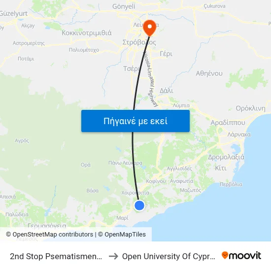 2nd Stop Psematismenos to Open University Of Cyprus map