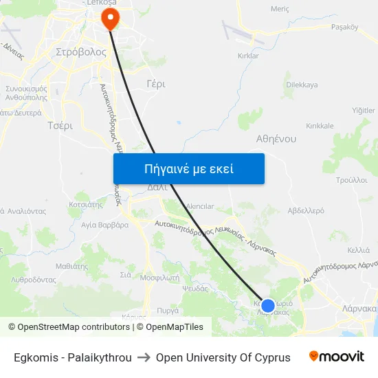 Egkomis - Palaikythrou to Open University Of Cyprus map