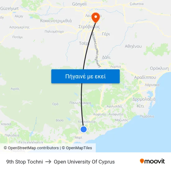 9th Stop Tochni to Open University Of Cyprus map