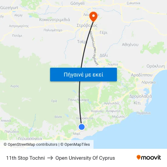 11th Stop Tochni to Open University Of Cyprus map