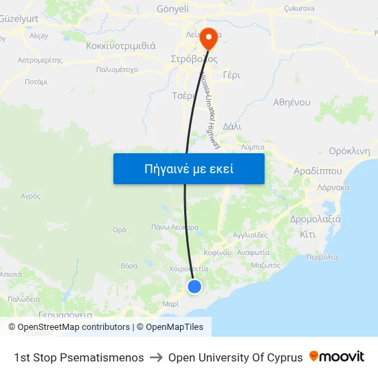 1st Stop Psematismenos to Open University Of Cyprus map