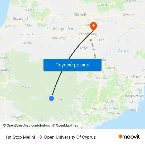 1st Stop Melini to Open University Of Cyprus map