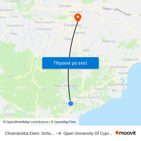Choirokoitia Elem. School to Open University Of Cyprus map