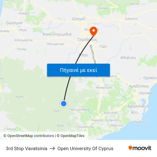 3rd Stop Vavatsinia to Open University Of Cyprus map