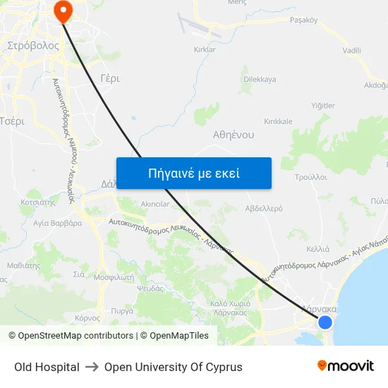 Old Hospital to Open University Of Cyprus map