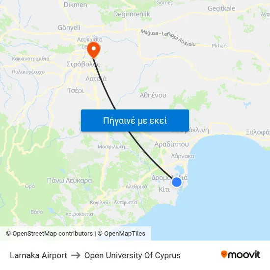 Larnaka Airport to Open University Of Cyprus map