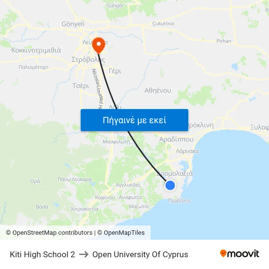 Kiti High School to Open University Of Cyprus map