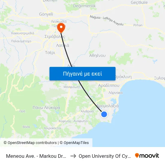 Meneou Ave. - Markou Drakou to Open University Of Cyprus map