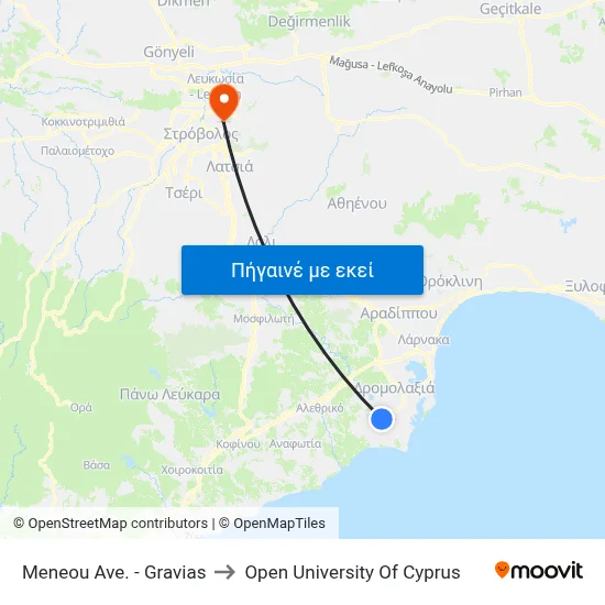 Meneou Ave. - Gravias to Open University Of Cyprus map
