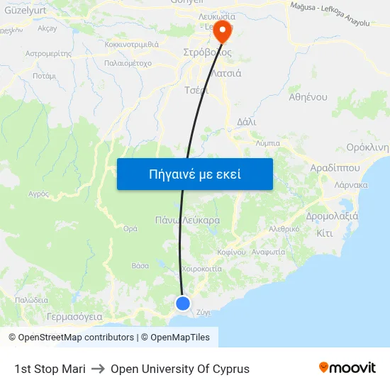 1st Stop Mari to Open University Of Cyprus map