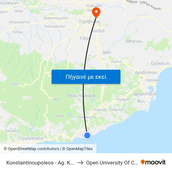 Konstantinoupoleos - Ag. Kyriakou to Open University Of Cyprus map