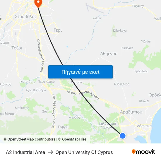 A2 Industrial Area to Open University Of Cyprus map