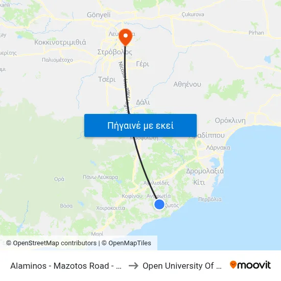 Alaminos - Mazotos Road - 1st Stop to Open University Of Cyprus map