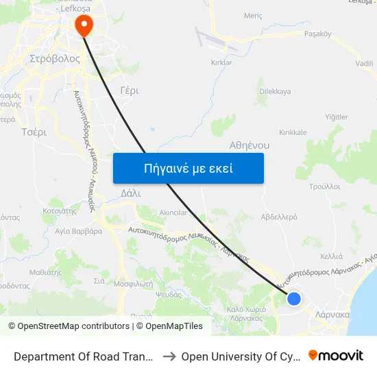 Department Of Road Transport to Open University Of Cyprus map