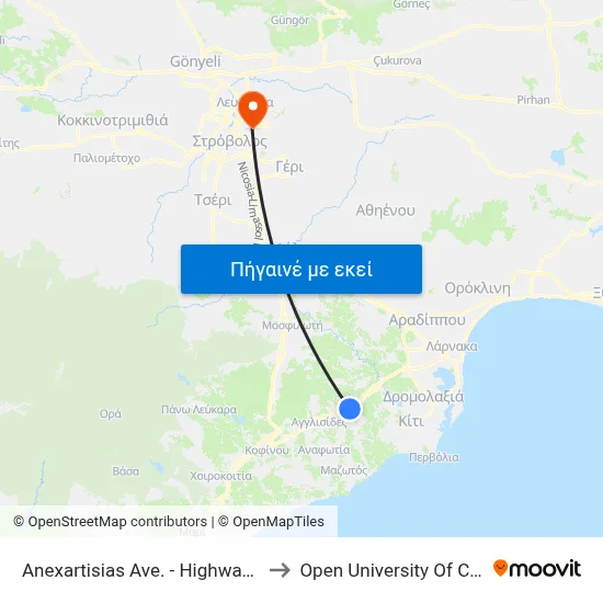 Anexartisias Ave. - Highway Exit to Open University Of Cyprus map