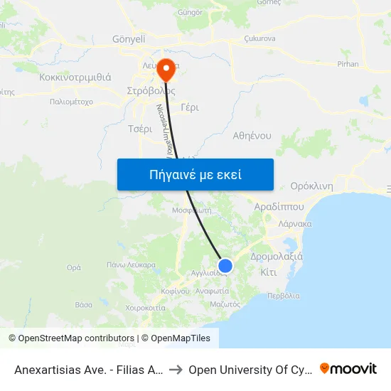 Anexartisias Ave. - Filias Ave. to Open University Of Cyprus map