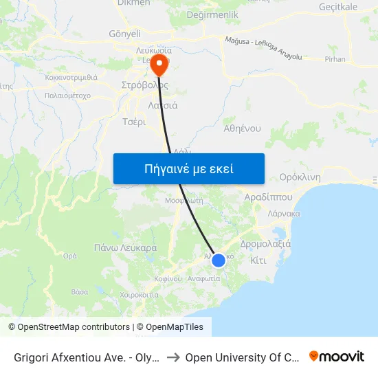 Grigori Afxentiou Ave. - Olympou to Open University Of Cyprus map